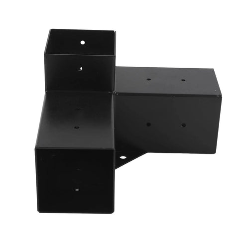 Super Sturdy Steel Bracket Kit For DIY Elevated Wood Stands Featuring Rustproof Coating Eight Piece Hardware Set side view of sturdy black steel bracket.