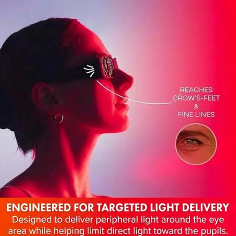 Next Gen Red Light Therapy Glasses Extra Dark Ir5 Lenses Shield Peepers with Near Infrared Light for Ageless Glow shown on a model's face.