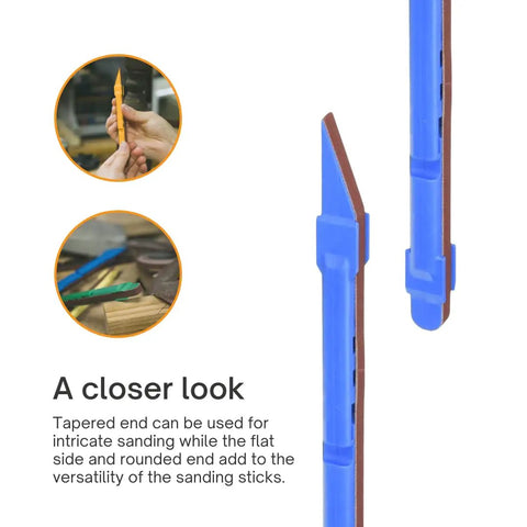 Close-up of a blue hexagon grip sand stick, part of the Sanding Detailer Kit With 5 Color Coded Sticks And 2 Extra Replacement Belts.