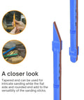 Sanding Detailer Pro Grade Micro Finishing Kit close-up with blue stick, tapered end, for uniform finish on automotive surfaces.