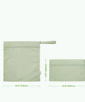 Two grass green waterproof wet bags for baby, one large and one small, with dimensions, ideal for cloth diapers and swimwear.