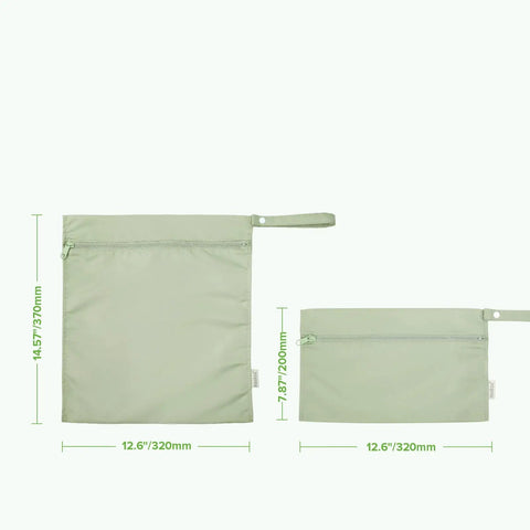 Two grass green waterproof wet bags for baby, one large and one small, with dimensions, ideal for cloth diapers and swimwear.