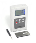 Pro Grade Kickass No Sweat Operation And Rapid Results Digital Surface Roughness Tester Gauge Meter For Metal Plastic And Wood Finish Evaluation With Seamless Profile Analysis, displayed with calibration tool.