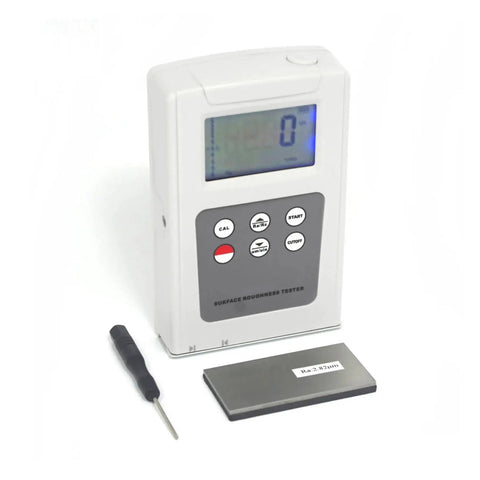 Digital Surface Roughness Tester AR132C Precision Profilometer Gauge Meter on white background with calibration tool and test plate.