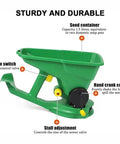 Diagram of a green hand held seed spreader with 5 gear adjust, 1.5L capacity, showing valves and hand crank control for even distribution.