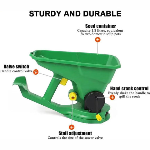 Diagram of a green hand held seed spreader with 5 gear adjust, 1.5L capacity, showing valves and hand crank control for even distribution.