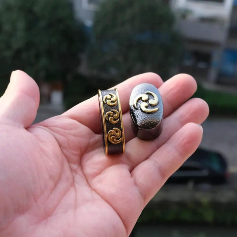 Dope Alloy Tsuba Fuchi Kashira Menuki Set For Samurai Sword Handle Upgrade close-up of Fuchi and Kashira details in hand