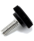 Heavy Duty Size 10-24 By 1/2 Inch Stainless Steel Thumb Screws With Black Knurled Round Knobs side view close-up.