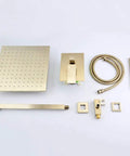 Wall Mount Shower Set With 10 Inch Square Rainfall Head And Dual Function Handheld Sprayer Featuring Kickass Water Pressure Boosting And Rock Solid Heavy Duty Build For A Top Tier Bathroom Upgrade components laid out in gold finish, including shower head, sprayer, and hoses.