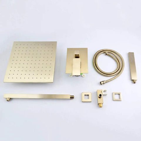 Wall Mount Shower Set With 10 Inch Square Rainfall Head And Dual Function Handheld Sprayer Featuring Kickass Water Pressure Boosting And Rock Solid Heavy Duty Build For A Top Tier Bathroom Upgrade components laid out in gold finish, including shower head, sprayer, and hoses.
