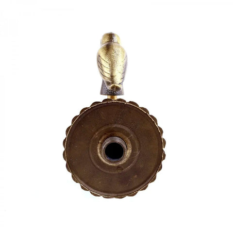 Front view of Outdoor Brass Garden Faucet With Bird Shaped Bibcock, 4.5 Inch Spigot, Decorative Antique Finish, showing bird detail.