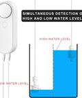 Smart Water Level Detector With Dual Probes And WiFi Connectivity, No Fuss High Low Alarm System, Detached 16.4Ft Detection Line, Left And Right Dual Alarms, Real Time Remote App Monitoring, Dual Alerts, Battery Powered For Easy Setup. Smart water level detector with dual probes, white plastic, for tank high and low level monitoring