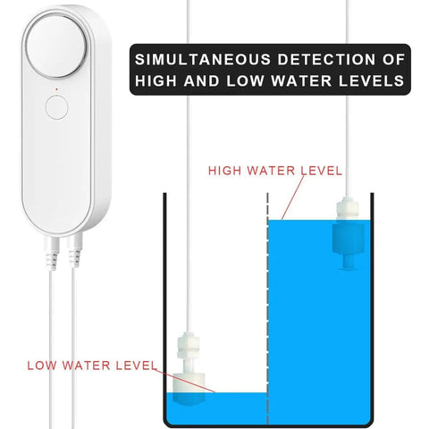 Smart Water Level Detector With Dual Probes And WiFi Connectivity, No Fuss High Low Alarm System, Detached 16.4Ft Detection Line, Left And Right Dual Alarms, Real Time Remote App Monitoring, Dual Alerts, Battery Powered For Easy Setup. Smart water level detector with dual probes, white plastic, for tank high and low level monitoring