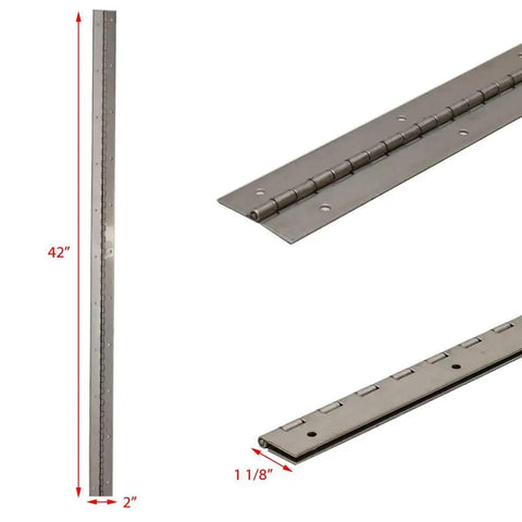 Heavy Duty 42 Inch Satin Stainless Steel Piano Hinge With Twenty Two Pre Drilled 3 16 Inch Mounting Holes showcasing dimensions and detail.
