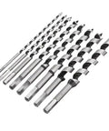 Badass Eight Piece Auger Drill Bit Set With Two Three Zero Millimeter Hex Shank Crafted For Deep Woodworking Tasks Across Six To Twenty Millimeter Dimensions Offers Hella Fast Cutting Power And Rock Steady Control displayed in a row.