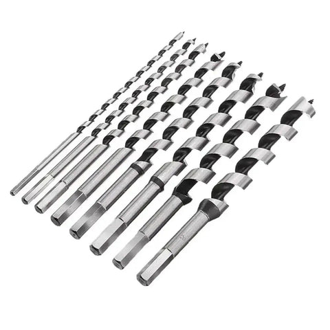 Badass Eight Piece Auger Drill Bit Set With Two Three Zero Millimeter Hex Shank Crafted For Deep Woodworking Tasks Across Six To Twenty Millimeter Dimensions Offers Hella Fast Cutting Power And Rock Steady Control displayed in a row.
