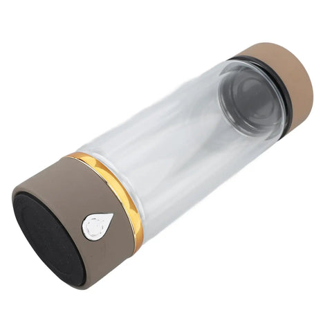 Keep It Fresh And Locked In With This Portable Hydrogen Water Bottle Featuring USB Rechargeable Tech And Stainless Steel Build For Antioxidant Rich Hydration At The Gym Or Office All Day Long, showcasing a clear glass and gold stainless steel design.
