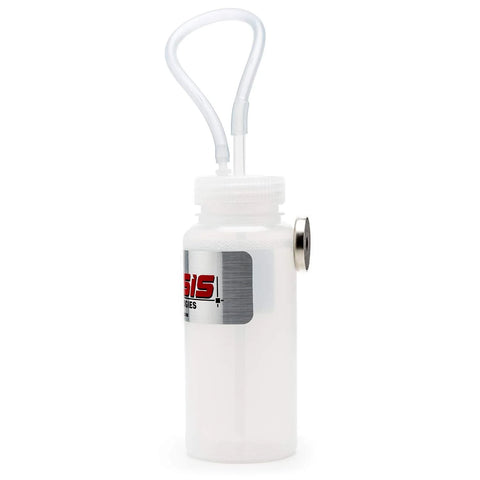 Genesis brake bleeder bottle with magnetic 16-lb mount and 12in tube, white plastic bottle, front view