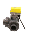 3 Way PVC Electric Ball Valve With WiFi Remote, App Timed Control, 110V-230V, L Type Water Diverter, DN50 2 Inch, Plug And Play Plumbing Valve For Home And Industrial Use, PVC three-way valve with yellow actuator and side handle
