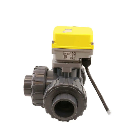 3 Way PVC Electric Ball Valve With WiFi Remote, App Timed Control, 110V-230V, L Type Water Diverter, DN50 2 Inch, Plug And Play Plumbing Valve For Home And Industrial Use, PVC three-way valve with yellow actuator and side handle