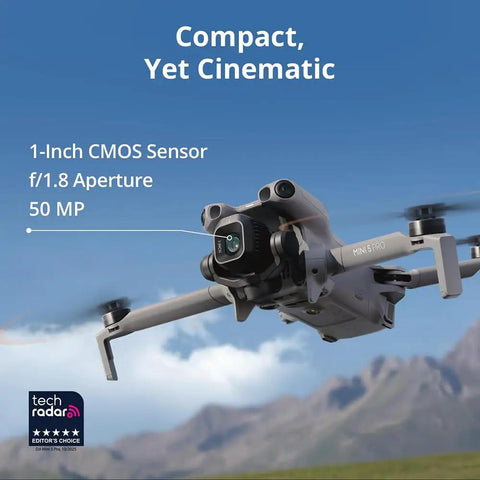 Mini 5 Pro Fly More Drone Bundle With RC 2 Remote flying over mountains, showcasing palm-sized foldable design and 4K60 HDR video capability.