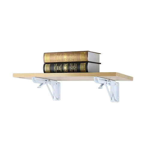 Two Pack Triangle Wall Brackets for Adjustable Mounts holding a wooden shelf with books, showcasing foldable corner brackets.