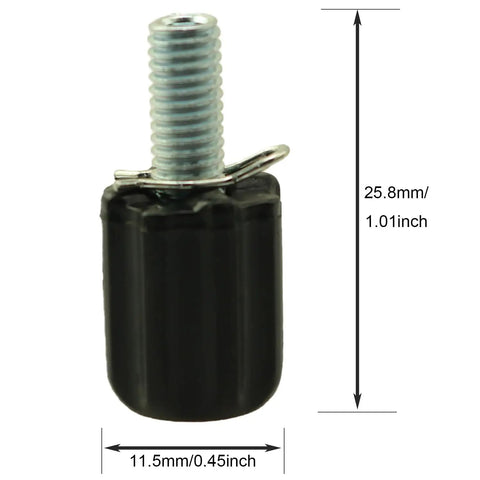 Close-up of a single black M5 derailleur micro adjustment screw with measurements, part of Four M5 Derailleur Micro Adjustment Screws 0.98 by 0.19 Inch For Mountain Bikes Frame Mount Barrel Adjusters and Brake Tensioners Tweak Shifting and Braking.