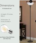 Bronze 72 Inch Torchiere Floor Lamp With Glass Shade, dimensions 72h x 12d inches, shown with frosted white dome shade in room setting