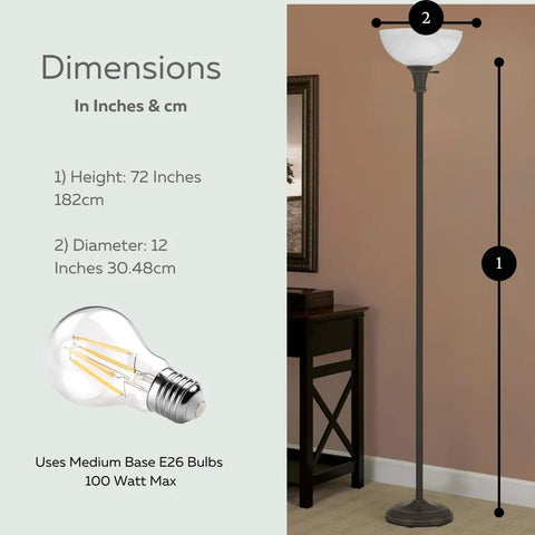Bronze 72 Inch Torchiere Floor Lamp With Glass Shade, dimensions 72h x 12d inches, shown with frosted white dome shade in room setting