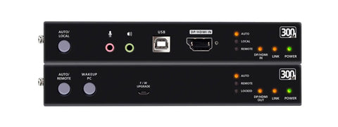 Rock Solid Fiber Optic KVM Extender Handles DisplayPort And HDMI For Flat Out True 4K Video Plus Complete Mouse Keyboard Control Up To Three Hundred Meters With Zero Sweat Setup; top and bottom view of KVM extender with ports.