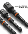 Impact Driver Socket Adapter Set With Three Inch Extensions Including One Quarter Inch Three Eighths Inch And One Half Inch