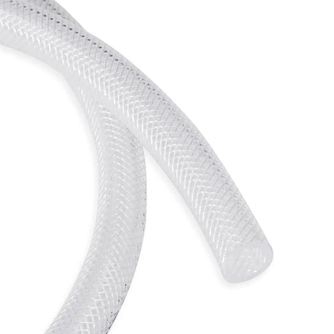Close-up of Clear Braided PVC Tubing 5/8 Inch ID By 50 Feet Built To Last Heavy Duty Reinforced Vinyl Hose for High Pressure Use