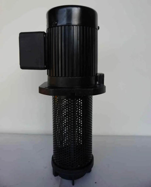 Amazon 1/8 HP coolant pump for lathe/bandsaw, front view, black motor with perforated intake and side junction box.