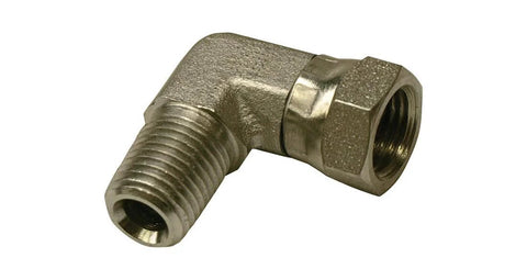 1/2 in male NPT to 3/8 in female NPT swivel 90° hydraulic adapter
