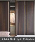 Wooden sliding closet doors with a shirt hanging inside, text reads 'Solid & Thick, Up to 110 inches' at the bottom.