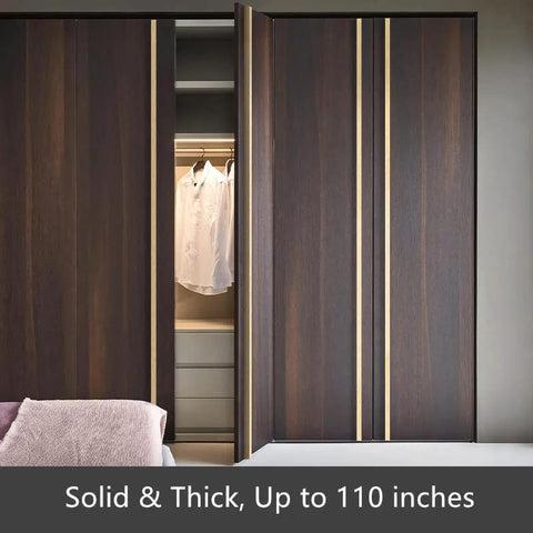 Wooden sliding closet doors with a shirt hanging inside, text reads 'Solid & Thick, Up to 110 inches' at the bottom.