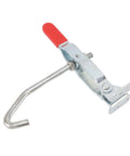 J Hook Toggle Clamp 170kg Holding Capacity Galvanized Iron With Red Grip; side view with angled hook