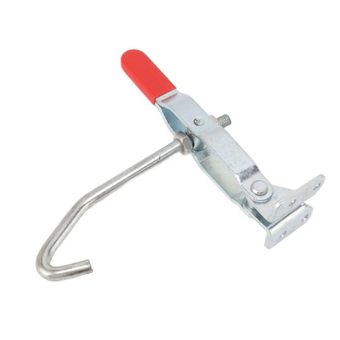 J Hook Toggle Clamp 170kg Holding Capacity Galvanized Iron With Red Grip; side view with angled hook