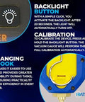 Hiatsu VMH-75 digital vacuum gauge in blue aluminum housing with backlight button and hanging hook.