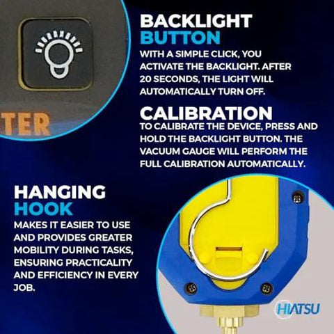 Hiatsu VMH-75 digital vacuum gauge in blue aluminum housing with backlight button and hanging hook.