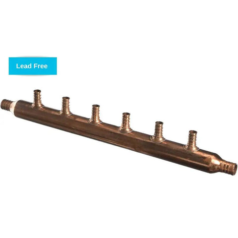 Six Port Open Crimp Copper Multi Port Tee For PEX And PE-RT Plumbing, 3/4 Inlet With 1/2 In Outlets, horizontal view