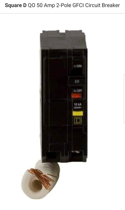 Front view of QO250GFIC 50 Amp 120/240V Miniature Circuit Breaker with wire, designed for electrical panels with 2-pole design.