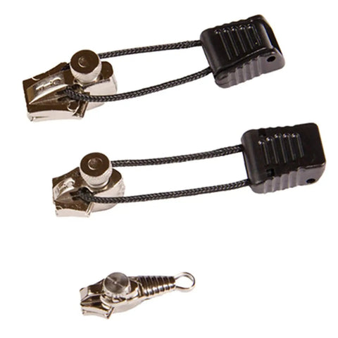 Close-up of Three Piece Zipper Repair Kit With Multiple Sized Sliders In Nickel Or Graphite Finish For Quick Fixes To Broken Zippers.