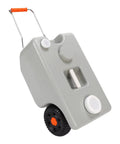 25L Portable RV Waste Tote Tank Made From HDPE, Heavy Duty Holding Tank shown with handle and wheels for easy transport