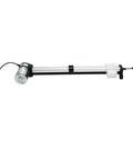 Power recliner linear actuator with silver motor, aluminum rail, black end housing, and white gear rack.