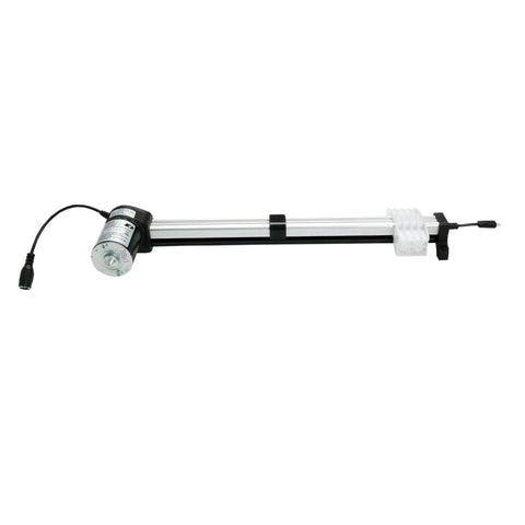 Power recliner linear actuator with silver motor, aluminum rail, black end housing, and white gear rack.