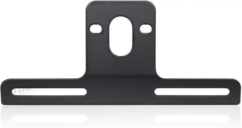 Front view of Heavy Duty License Plate Holder Bracket With Light Mount For Trailers Trucks Cars And Some Motorcycles Includes Mounting Screws And Reflective Sticker Built To Last And Ready To Roll For Rugged Road Use with polished black finish.