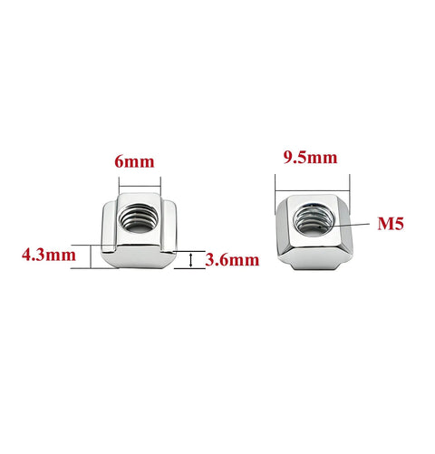 8 Pack Hefty Silver Corner Brackets for 2040 Aluminum Extrusion Profile Connectors Including M5 Hex Socket Screws T Nuts and Allen Wrench Set Hardened Anodized Fasteners for Building Pro Shop Rigs close-up of M5 T Nuts with dimensions visible.