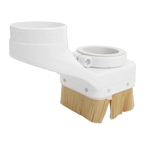 Heavy Duty 80mm Cnc Spindle Dust Boot Shoe With Double Door Brush Seal And 100mm Hose Port Straight Up, white plastic with bristles.