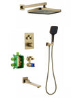 Thermostatic Shower System components in brushed gold, including shower head, handheld shower, and valves for adjustable hot and cold water.
